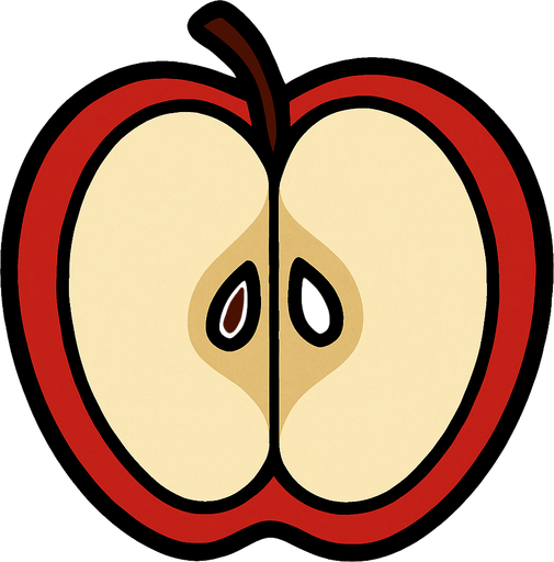 Manzana Fruta cortada a la mitad.
In-Game asset.  2d.  High contrast.  No shadows. Cartoon.