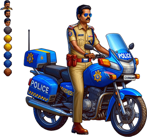 Inspector chingam on police bike with police dress.
Single Game Texture.  In-Game asset.  2d.  Blank background.  High contrast.  No shadows