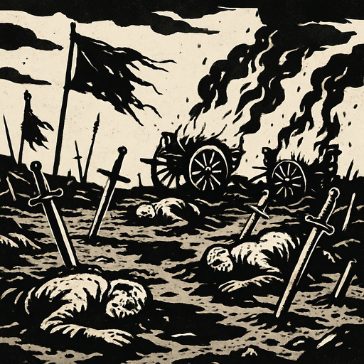 A war-torn battlefield with broken swords and burning wagons, muddy bloodstained ground, corpses under grey skies, banners torn and forgotten, realistic.
In-Game asset.  2d.  High contrast.  No shadows