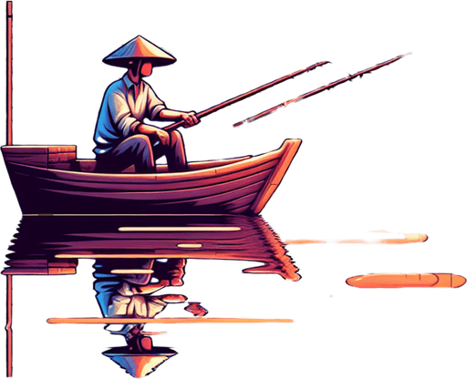 Man fishing on boat.
Single Game Texture.  In-Game asset.  2d.  Blank background.  High contrast.  No shadows
