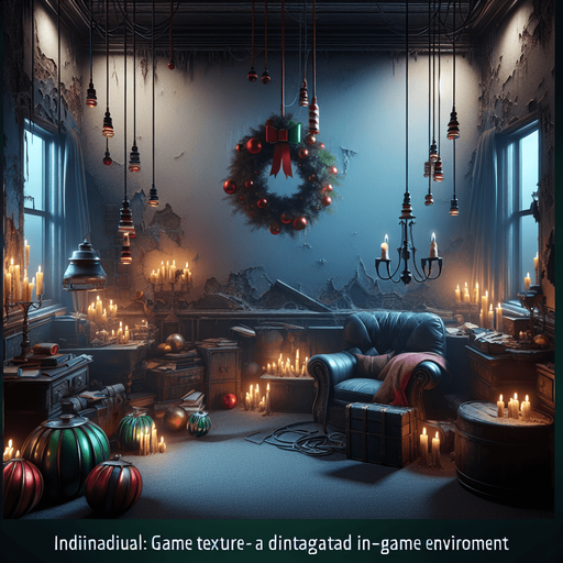 Eerie Christmas-inspired room similar to a resident evil room
Single Game Texture. In-Game asset. 2d. Blank background. High contrast. No shadows.