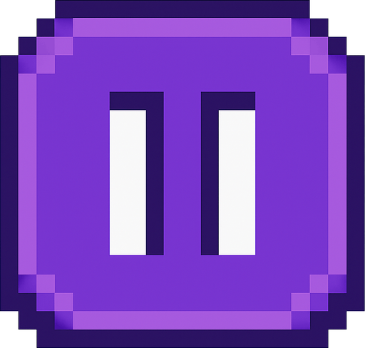 Pixel art pause button, purple color, rounded corners, 8-bit UI style, minimal design, no background, 80x80 size, suitable for mobile rhythm game interface.
In-Game asset.  2d.  High contrast.  No shadows