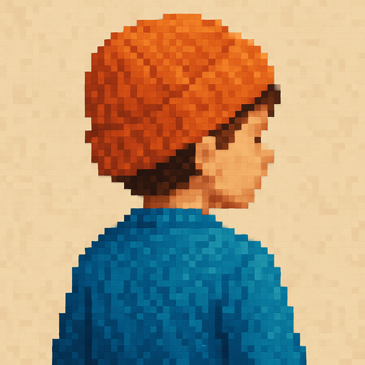 pixel mavi kazaklı yüzü dönük çocuk yap. beresi turuncu olsun