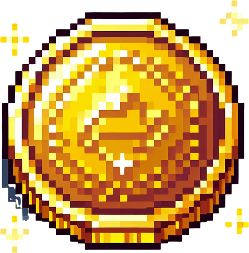 Pixelated gold coin.
Single Game Texture.  In-Game asset.  2d.  Blank background.  High contrast.  No shadows