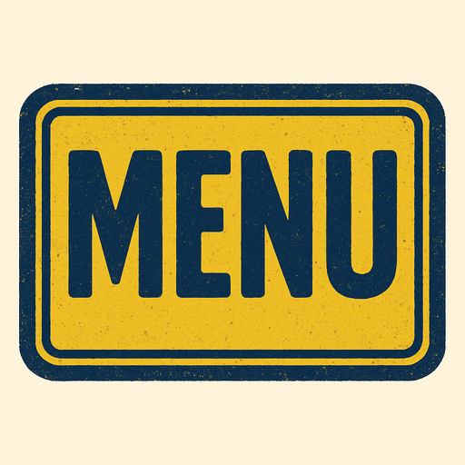 Menu yazan yatay bir resim oluştur . Arka Planı olmasın . Sarı Lacivert bir resim olsun.  retro temada olsun.
In-Game asset.  2d.  High contrast.  No shadows