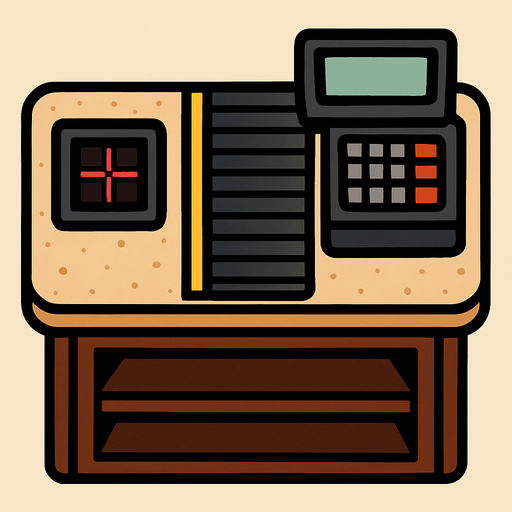 Üzerinde meyve, sebze gibi ürün bulundurmayan; market kasa bankosu. Üstten görünüm..
In-Game asset.  2d.  High contrast.  No shadows