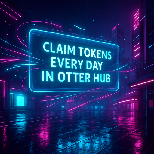 Create a dynamic 4K digital background for a cyberpunk mobile game interface. The scene shows a sleek, rain-drenched urban plaza with neon-lit walkways and towering digital screens. One large holographic banner reads ‘Claim tokens every day in Otter Hub’ in bold, glowing lettering. Surround it with animated light trails, drifting data particles, and subtle reflections in wet pavement. In the distance, angular skyscrapers pulse with magenta and cyan accents against a misty night sky. This image should serve as an eye-catching game menu backdrop—no characters or coins visible..
High contrast.  No shadows