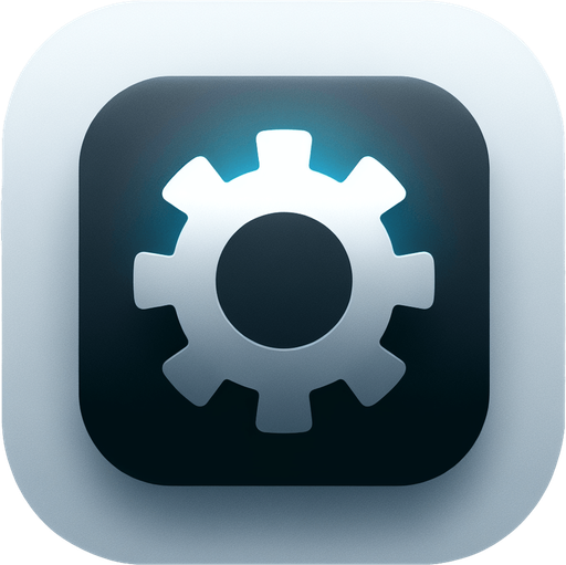 A square app store icon with rounded edges, designed for a Settings app. The icon features a simple gear symbol in the center, cleanly outlined with smooth lines. The background is a gradient of grey to dark blue, with a subtle glow around the gear, maintaining a modern and minimalistic aesthetic..
Single Game Texture. In-Game asset. 2d. Blank background. High contrast. No shadows.