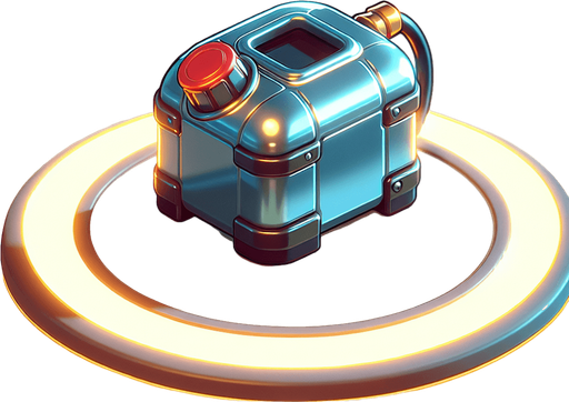 A cute cartoon-style small fuel tank with rounded edges, glossy metal finish, and a little red cap. Add a glowing yellow outline to make it pop. It should look lightweight and collectible, floating gently in the air..
Single Game Texture.  In-Game asset.  2d.  Blank background.  High contrast.  No shadows