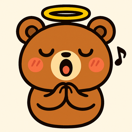 un oso redondito, con una aureola, cara kawai y con los brazitos juntitos como rezando y cantando.
In-Game asset.  2d.  High contrast.  No shadows
