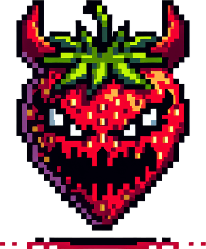 a demonic strawberry, pixel style.
Single Game Texture.  In-Game asset.  2d.  Blank background.  High contrast.  No shadows