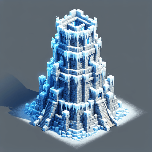A turret tower built of ice blocks. Front view perspective. Single Game Texture. In-Game asset. 2d. Blank background. High contrast. No shadows.