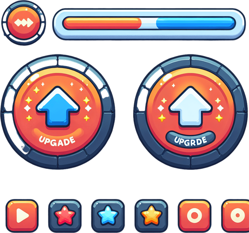 Upgrade button.
Single Game Texture.  In-Game asset.  2d.  Blank background.  High contrast.  No shadows