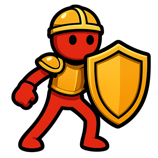 A red stickman with a big golden shield and golden armor.
In-Game asset.  2d.  High contrast.  No shadows