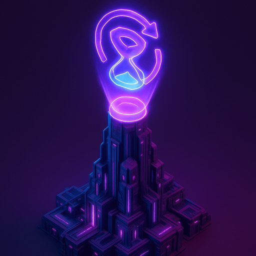 Top down isometric neon cyberpunk futuristic massive tower spire 3D slow down rewind symbol projection over top, time slowed symbol purples teal pink vaporwave glowing hologram over top hourglass glowing fully in frame not cutoff no background