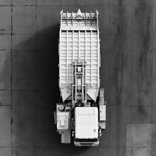 Zenith view of a white rectangular Harvester shape of a garbage truck with a triangular head.
Zenith view. Directly overhead. Plumb view.