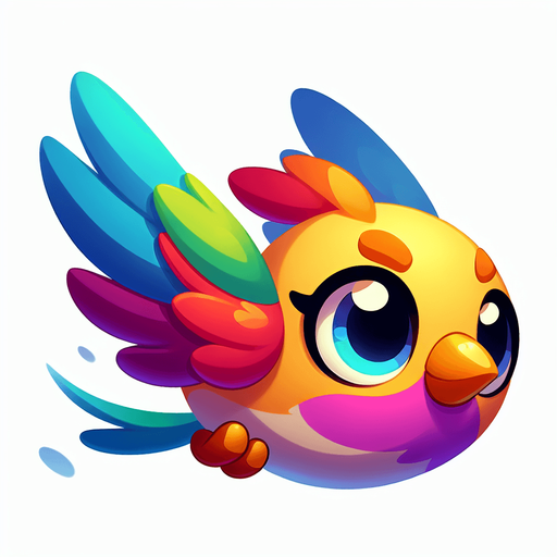 Design a cartoon-style bird flying sideways with big eyes and colorful feathers. The bird should look friendly, cute, and match a fun sky-themed game..
Single Game Texture.  In-Game asset.  2d.  Blank background.  High contrast.  No shadows