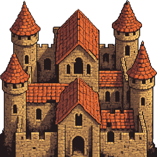 O telhado de um castelo medieval abandonado com suas torres. arte pixel 32 bits, vista aerea frontal.
In-Game asset.  2d.  High contrast.  No shadows