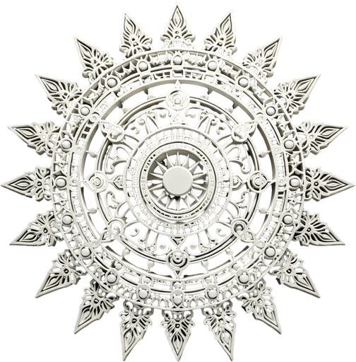 plain white intricate sun icon. black background