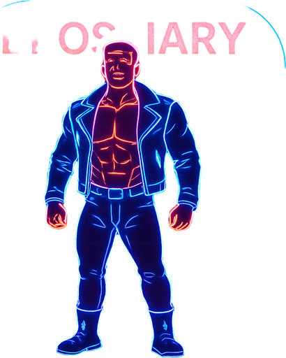 Neon cyberpunk App icon BROSTIARY encyclopedia of black leather biker jacket longsleeves shirtless musxles pants boots hunk outline linework glowing 3d hologram flat