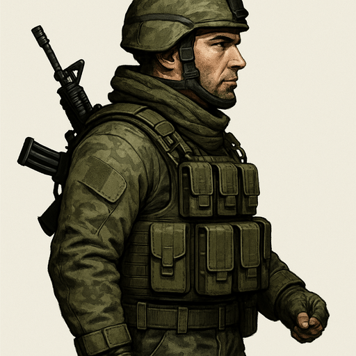 Komando, yazısız, gerçekçi, yandan görünüm.
In-Game asset.  2d.  High contrast.  No shadows