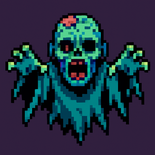 Um fantasma zumbi voador, arte pixel, vista aerea frontal.
In-Game asset.  2d.  High contrast.  No shadows