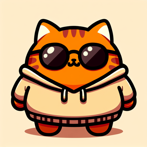 The character in the image is a cartoon-style, orange tabby cat with noticeable stripes. It has a round face, wearing a pair of oversized, round, dark opaque sunglasses. The cat's body is smaller in comparison to its head, giving it a cute, chubby appearance. It's wearing a simple, light-colored hoodie with a drawstring. The cat sits with its paws visible in front, showing a relaxed posture. The overall style is playful and whimsical, perfect for a casual mascot or a character in a children's book..
Single Game Texture. In-Game asset. 2d. Blank background. High contrast. No shadows.