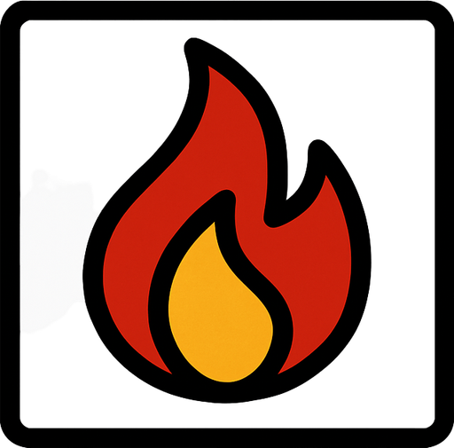 top-down view, simple minimal white square icon, centered flame symbol inside, clear sharp lines, no background, clean style, for game UI button, 30x30 px, black red yellow.
In-Game asset.  2d.  High contrast.  No shadows