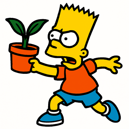 Bart holding a pot with a plant and is about to throw it.
In-Game asset.  2d.  High contrast.  No shadows