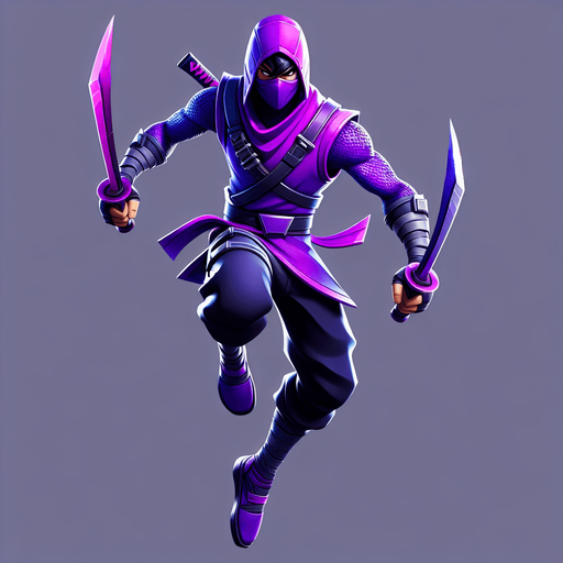 purple ninja with two blade jump style act for battle.
Single Game Texture.  In-Game asset.  2d.  Blank background.  High contrast.  No shadows