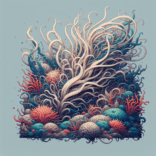 Coral with seeweed inside of it.
Single Game Texture.  In-Game asset.  2d.  Blank background.  High contrast.  No shadows