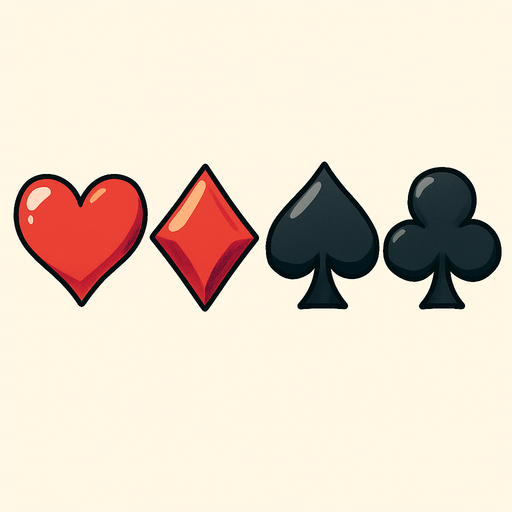 The four card suits. Hearts, diamonds, spades and clubs. Anime style..
In-Game asset.  2d.  High contrast.  No shadows