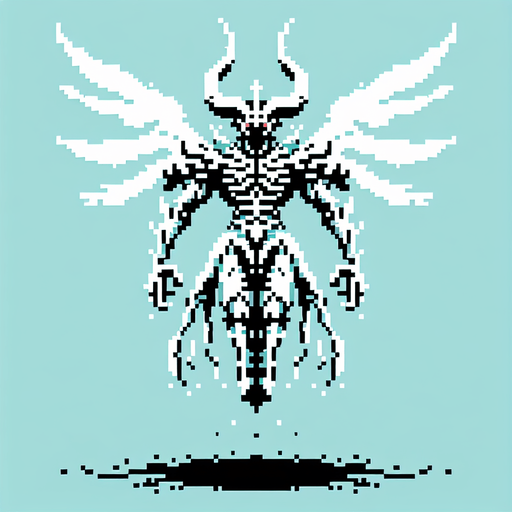 8-bit. cartoon. front view. flying final boss. white. Single Game Texture. In-Game asset. 2d. Blank background. High contrast. No shadows.