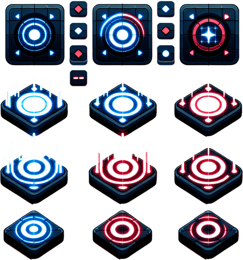 Design: Square or circular glowing pads that react when hit.

Effect: A pulse effect when the ball lands perfectly.

Variations: Different colors per beat type (e.g., blue for normal, red for speed boosts)..
Single Game Texture.  In-Game asset.  2d.  Blank background.  High contrast.  No shadows