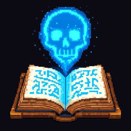 "2D pixel art of a glowing blue skull symbol emerging from an open magical spellbook. The spellbook has old, worn covers and glowing arcane runes on its pages. The skull symbol floats above the book, made of radiant blue magical energy, slightly transparent and softly glowingl. Style is classic 16-bit fantasy RPG pixel art. Transparent background.".
In-Game asset.  2d.  High contrast.  No shadows.
In-Game asset.  2d.  High contrast.  No shadows