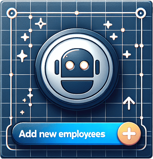 Create a button for hiring employees for an AI buisness.
Single Game Texture.  In-Game asset.  2d.  Blank background.  High contrast.  No shadows