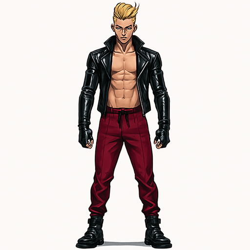Idle animation, sleek graceful man Cyberpunk manga, facing forward idle pose shiny black leather biker jacket longsleeves shirtless Skinny abs blonde pompadour guy, action shot wine red joggers combat boots, Background removed, "Full-body character, entirely in frame, no cropping of face, head, or feet" "Complete character visible, from head to toe, fully centered in the image" "Entire character, including face and boots, fully within the frame" Character fully contained within a square frame, no edges cut off fashion model pose