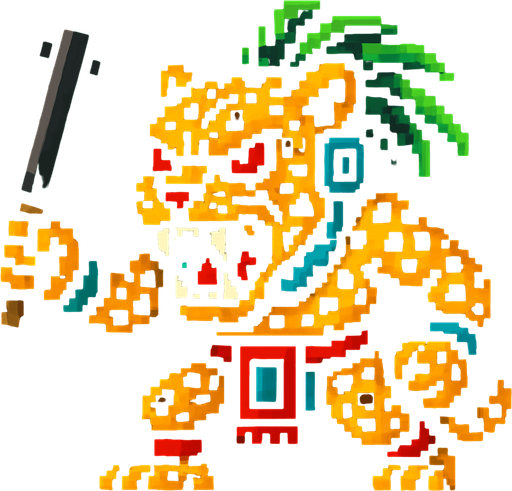 Genérame una Jaguar guerrero azteca con eso patrones, estilo pixelar, con una apariencia maligna, ojos rojos, rabioso. Unidad cuerpo a cuerpo.
In-Game asset.  2d.  High contrast.  No shadows