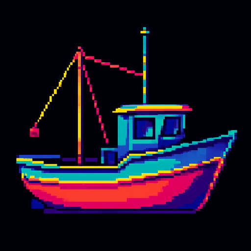 A small fishing boat. Full side profile view. 80s arcade machine graphics. no background
