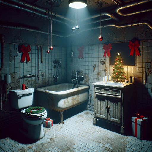 Eerie Christmas-inspired bathroom similar to a resident evil room
Single Game Texture. In-Game asset. 2d. Blank background. High contrast. No shadows.