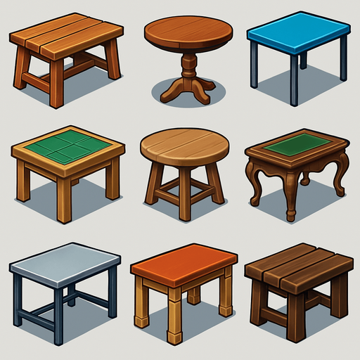 pack of different Tables images.
In-Game asset.  High contrast.  No shadows. 3D