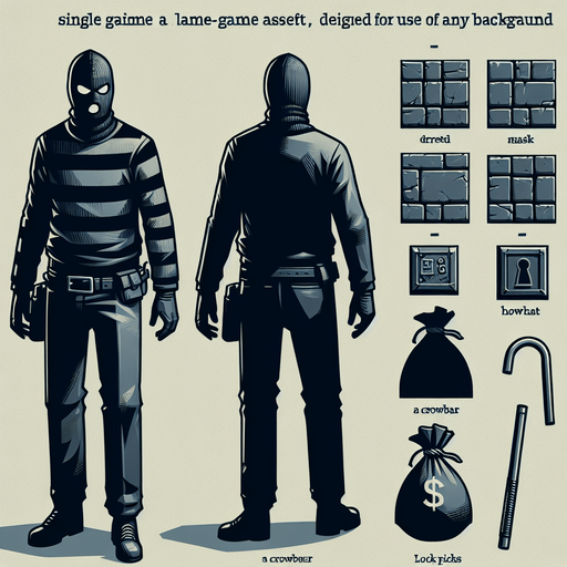 Robber.
Single Game Texture. In-Game asset. 2d. Blank background. High contrast. No shadows.