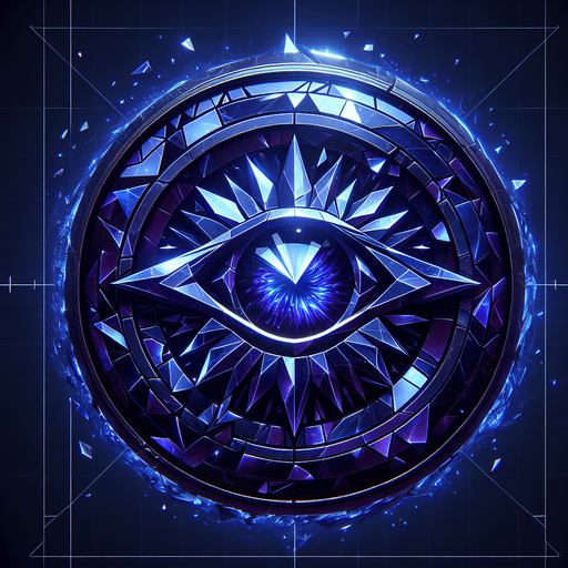 A sharply focused eye symbol in deep indigo color. Could also be a fractured mirror shard reflecting light, or an indigo crystal with internal sparks/light flashes..
Single Game Texture.  In-Game asset.  2d.  Blank background.  High contrast.  No shadows