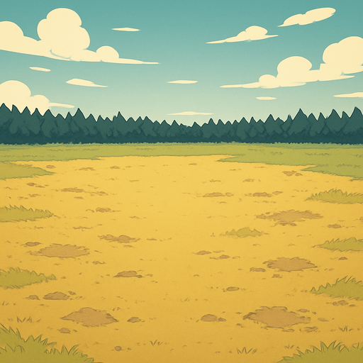 empty battlefield. meadow without trees. direct top down view. horizon in distance with dark florest.. concept Style inspired by Pokemon and Digimon but Unic
