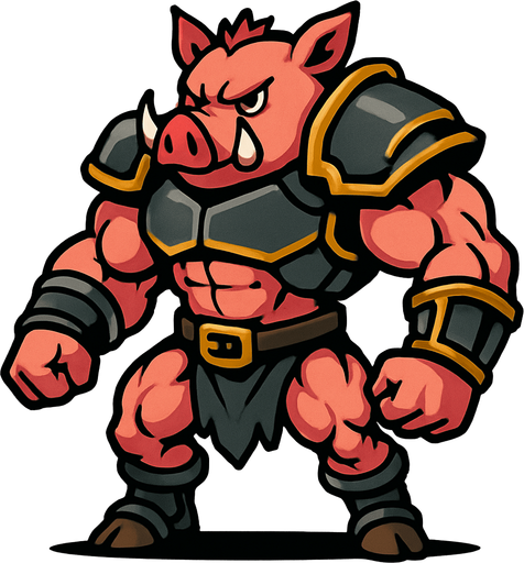 cerdo en 2 patas musculoso con armadura.
In-Game asset.  2d.  High contrast.  No shadows