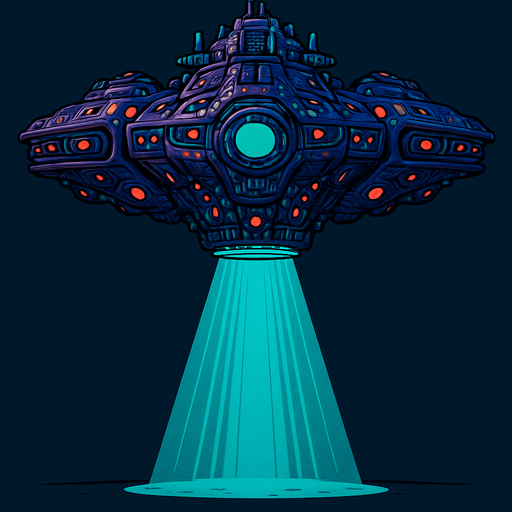 Big detailed alien star cruiser with lights and tractor beam beaming down.
In-Game asset.  2d.  High contrast.  No shadows