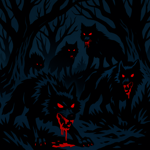a dark forest with bloodthirsty black wolves.
In-Game asset.  2d.  High contrast.  No shadows