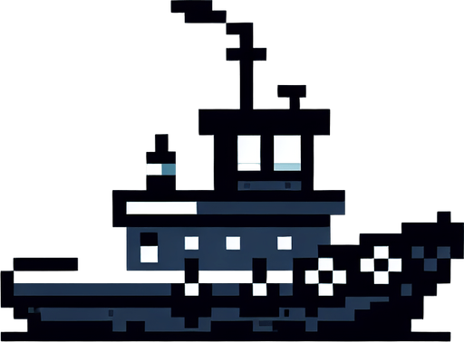 8-bit silhouette of tugboat.
Single Game Texture. In-Game asset. 2d. Blank background. High contrast. No shadows.