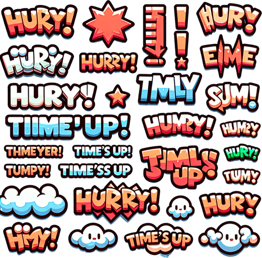 Multiple stylized texts with phrases that include “Hurry!” “Time’s up!” Cartoon style..
Single Game Texture. In-Game asset. 2d. Blank background. High contrast. No shadows.