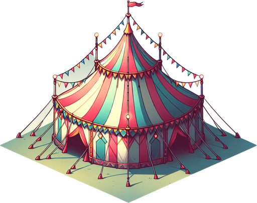 circus tent.
Single Game Texture.  In-Game asset.  2d.  Blank background.  High contrast.  No shadows
